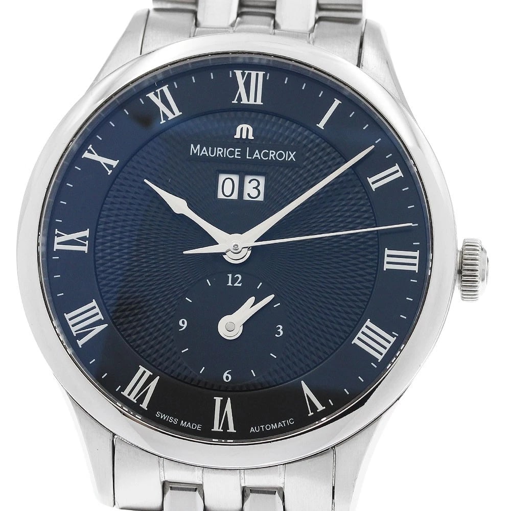 MAURICE LACROIX MASTERPIECE GRAND DATE GMT WATCH: MAURICE LACROIX Masterpiece Grand Date GMT Watch Brand: MAURICE LACROIX Type/Style: Wristwatch Material: Band Material Stainless Steel, Case Material Stainless Steel Color: Dial Color black Size:
