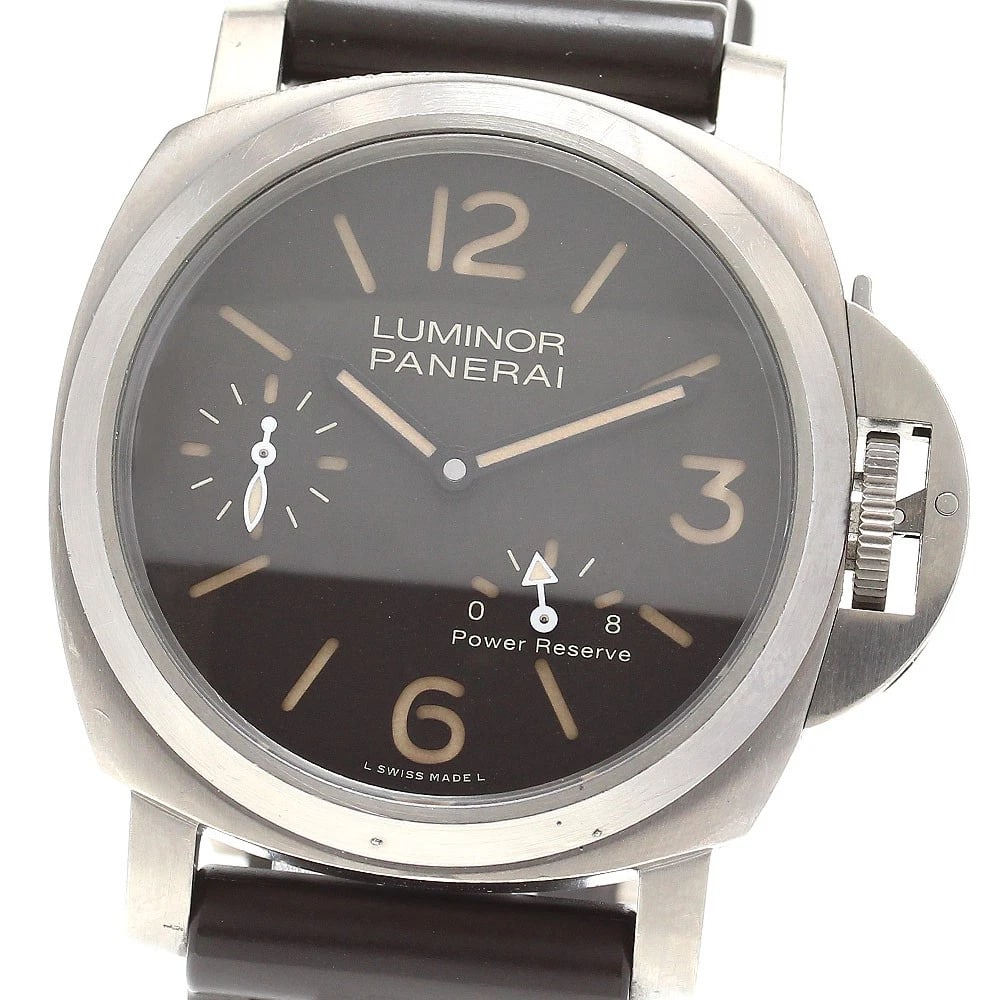 PANERAI LUMINOR TITANIO POWER RESERVE HAND WINDING WATCH: PANERAI Luminor Titanio Power reserve Hand Winding Watch Brand: PANERAI Type/Style: Wristwatch Material: Band Material rubber, Case Material titanium Color: Dial Color Dark brown Size: Case Size