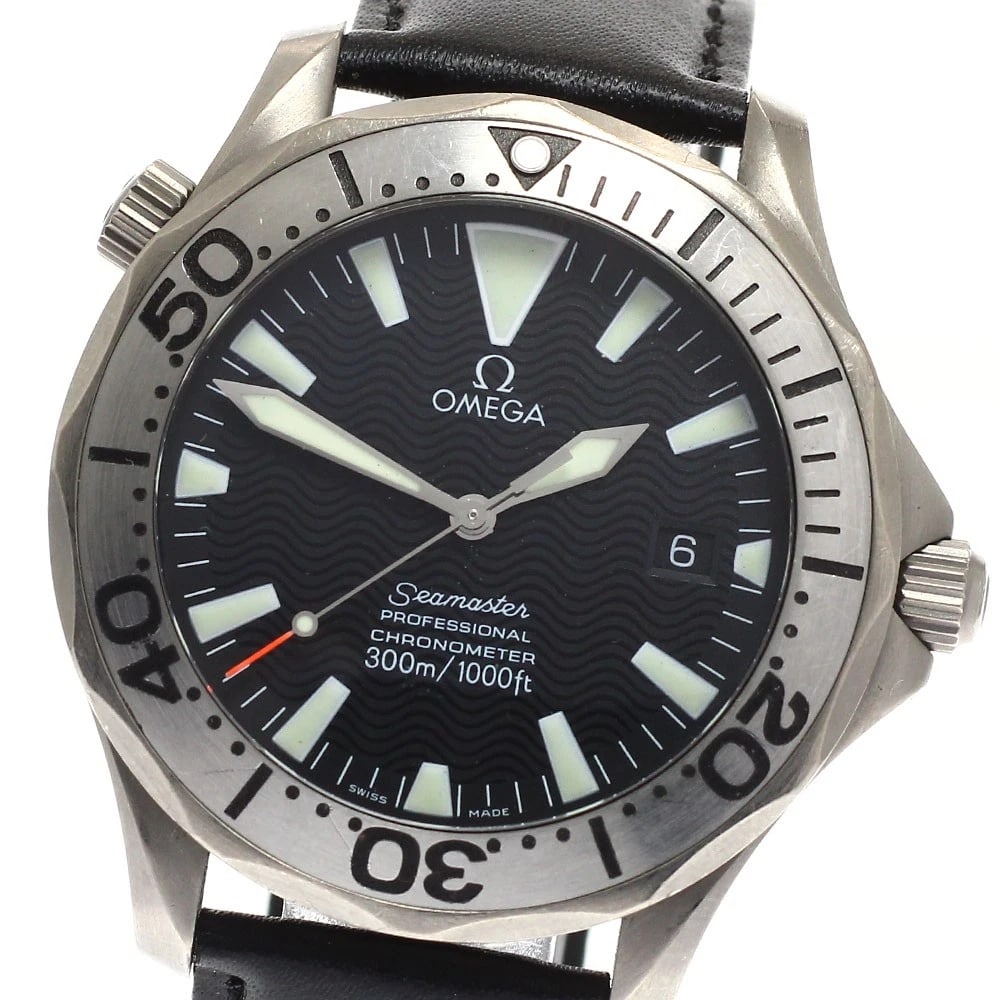 OMEGA SEAMASTER DATE BLACK DIAL AUTOMATIC WATCH: OMEGA Seamaster Date black Dial Automatic Watch Brand: OMEGA Type/Style: Wristwatch Material: Band Material leather, Case Material titanium Color: Dial Color black Size: Case Size About41mm (1.6inch)