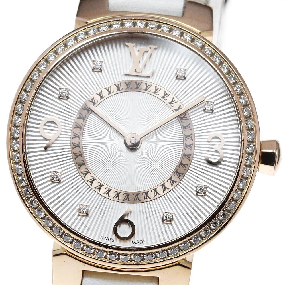 LOUIS VUITTON MONOGRAM DIAMOND QUARTZ WATCH: LOUIS VUITTON Monogram Diamond Quartz Watch Brand: LOUIS VUITTON Type/Style: Wristwatch Material: Band Material Leather/K18PG, Case Material 18K Pink Gold Color: Dial Color Silver Size: Case Size