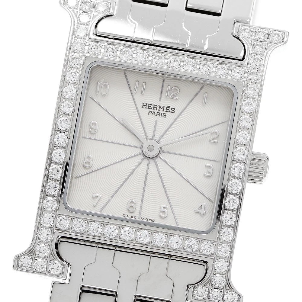 HERMES H WATCH DIAMOND BEZEL SILVER DIAL QUARTZ WATCH: HERMES H watch Diamond Bezel Silver Dial Quartz Watch Brand: HERMES Type/Style: Wristwatch Material: Band Material Stainless Steel, Case Material Stainless Steel Color: Dial Color Silver Size: Case