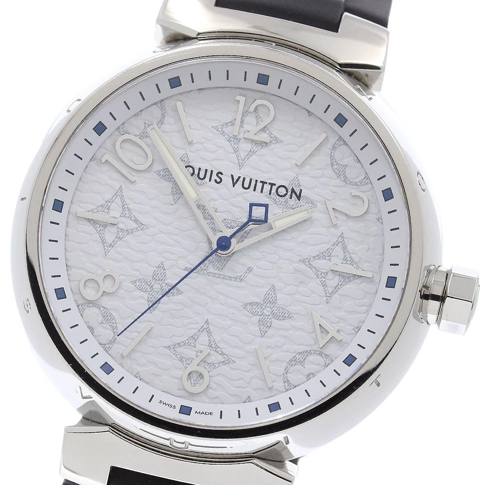 LOUIS VUITTON TAMBOURG GM MONOGRAM WHITE DIAL WATCH: LOUIS VUITTON Tambourg GM Monogram white Dial Watch Brand: LOUIS VUITTON Type/Style: Wristwatch Material: Band Material rubber, Case Material Stainless Steel Color: Dial Color white Size: Case Size Ab
