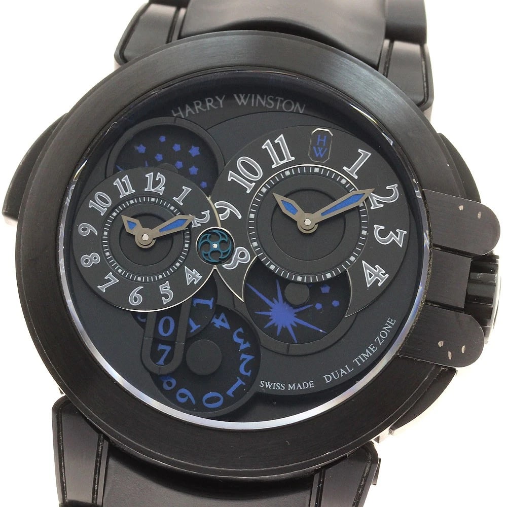 HARRY WINSTON OCEAN DUAL TIME BLACK EDITION WATCH: HARRY WINSTON Ocean Dual Time Black Edition Watch Brand: HARRY WINSTON Type/Style: Wristwatch Material: Band Material rubber, Case Material Therium Color: Dial Color black Size: Case Size About44mm (1