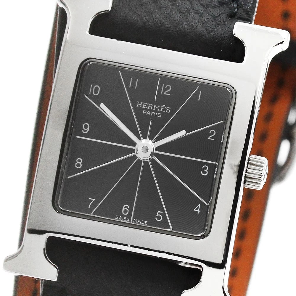 HERMES H WATCH DOUBLE TOUR BLACK DIAL QUARTZ WATCH: HERMES H watch Double Tour Black Dial Quartz Watch Brand: HERMES Type/Style: Wristwatch Material: Band Material leather, Case Material Stainless Steel Color: Dial Color black Size: Case Size About21mm