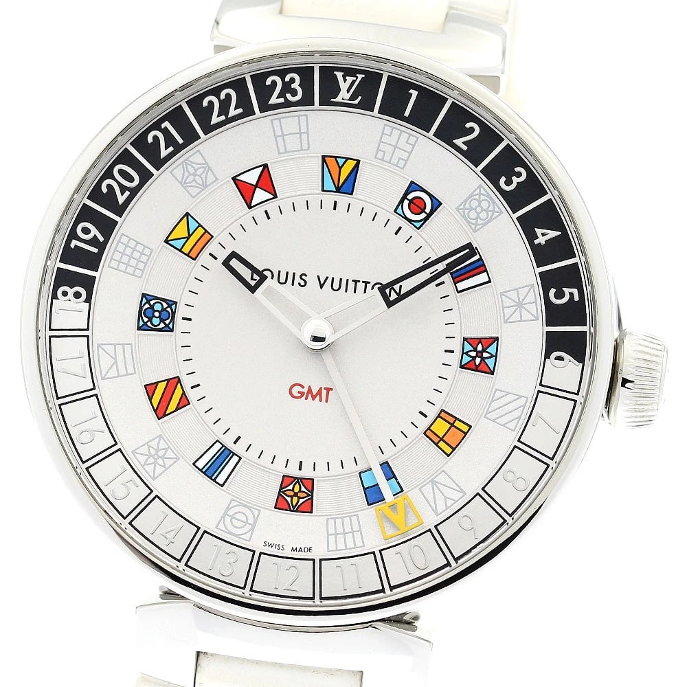 LOUIS VUITTON TAMBOUR DUAL TIME GMT SILVER DIAL WATCH: LOUIS VUITTON Tambour Dual time GMT Silver Dial Watch Brand: LOUIS VUITTON Type/Style: Wristwatch Material: Band Material rubber, Case Material Stainless Steel Color: Dial Color Silver Size: Case