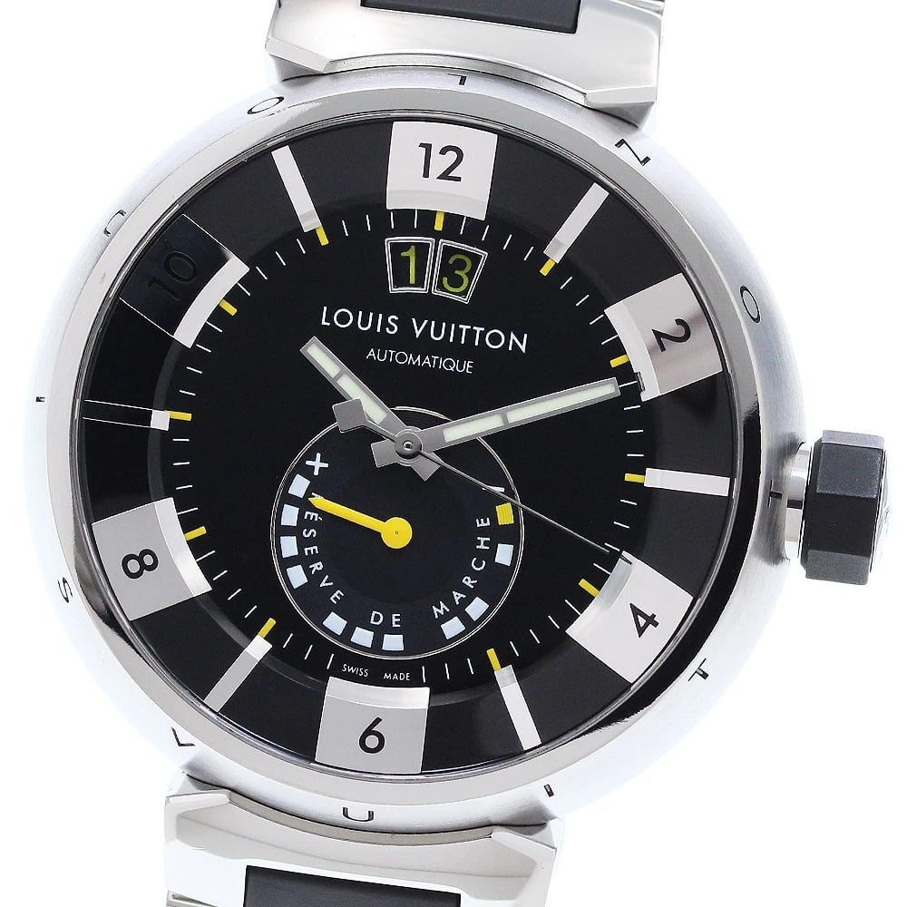 LOUIS VUITTON TAMBOUR POWER RESERVE DATE AUTOMATIC WATCH: LOUIS VUITTON Tambour Power reserve date Automatic Watch Brand: LOUIS VUITTON Type/Style: Wristwatch Material: Band Material Stainless Steel / Rubber, Case Material Stainless Steel Color: Dial Color