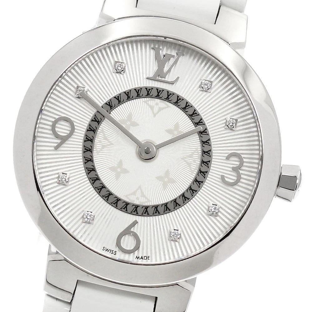 LOUIS VUITTON TAMBOUR SLIM DIAMOND QUARTZ WATCH: LOUIS VUITTON Tambour slim diamond Quartz Watch Brand: LOUIS VUITTON Type/Style: Wristwatch Material: Band Material leather, Case Material Stainless Steel Color: Dial Color Silver Size: Case Size