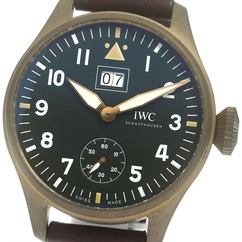 IWC SCHAFFHAUSEN DATE SPITFIRE MISSION ACCOMPLISHED WATCH: IWC SCHAFFHAUSEN Date Spitfire Mission Accomplished Watch Brand: IWC SCHAFFHAUSEN Type/Style: Wristwatch Material: Band Material leather, Case Material bronze Color: Dial Color khaki Size: Case Size
