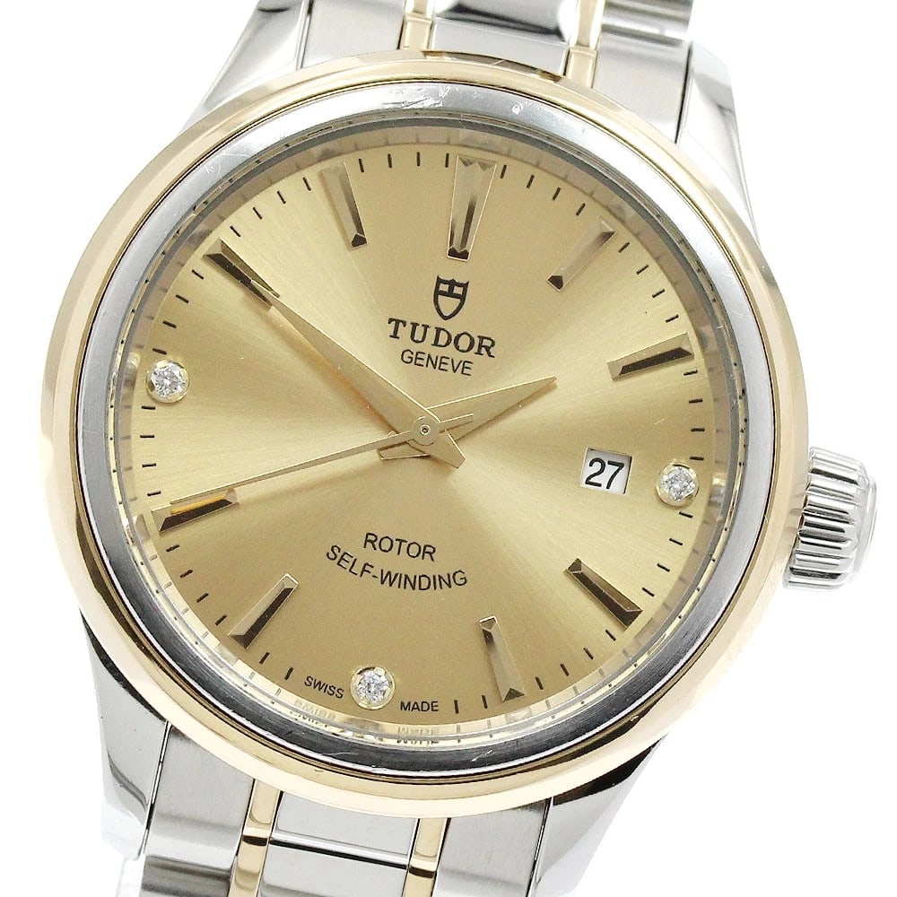 TUDOR STYLE DATE DIAMOND GOLD DIAL AUTOMATIC WATCH: TUDOR style Date diamond gold Dial Automatic Watch Brand: TUDOR Type/Style: Wristwatch Material: Band Material Stainless Steel/YG, Case Material Stainless Steel/YG Color: Dial Color gold Size: Case