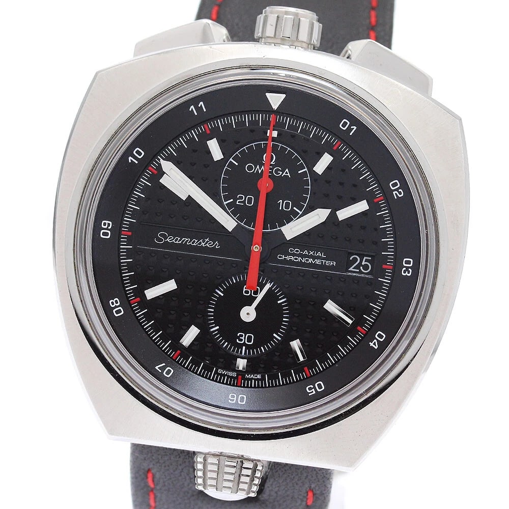 OMEGA SEAMASTER BULLHEAD CO-AXIAL CHRONOGRAPH WATCH: OMEGA Seamaster Bullhead Co-Axial Chronograph Watch Brand: OMEGA Type/Style: Wristwatch Material: Band Material leather, Case Material Stainless Steel Color: Dial Color black Size: Case Size