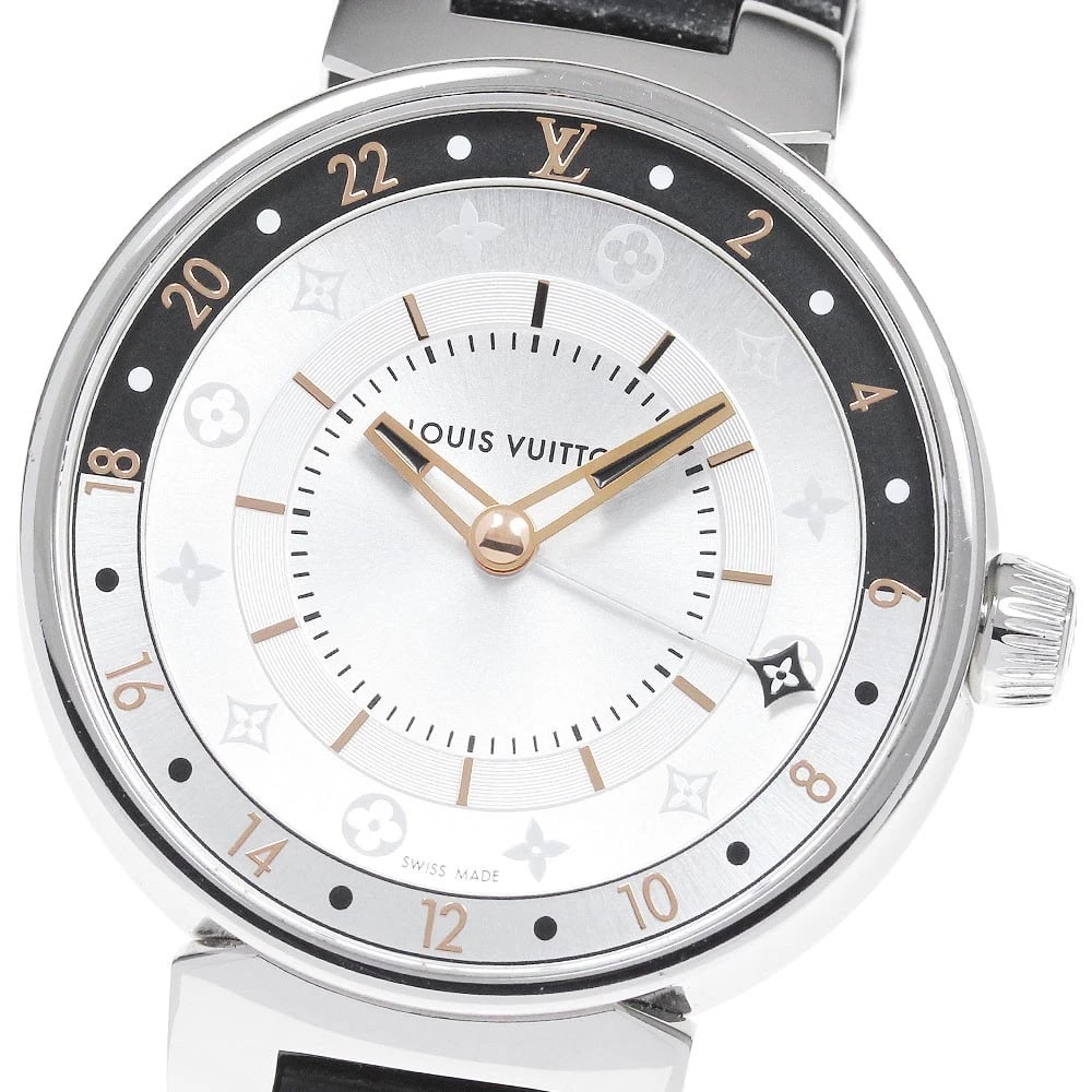 LOUIS VUITTON TAMBOUR GMT SILVER DIAL QUARTZ WATCH: LOUIS VUITTON Tambour GMT Silver Dial Quartz Watch Brand: LOUIS VUITTON Type/Style: Wristwatch Material: Band Material leather, Case Material Stainless Steel Color: Dial Color Silver Size: Case Size