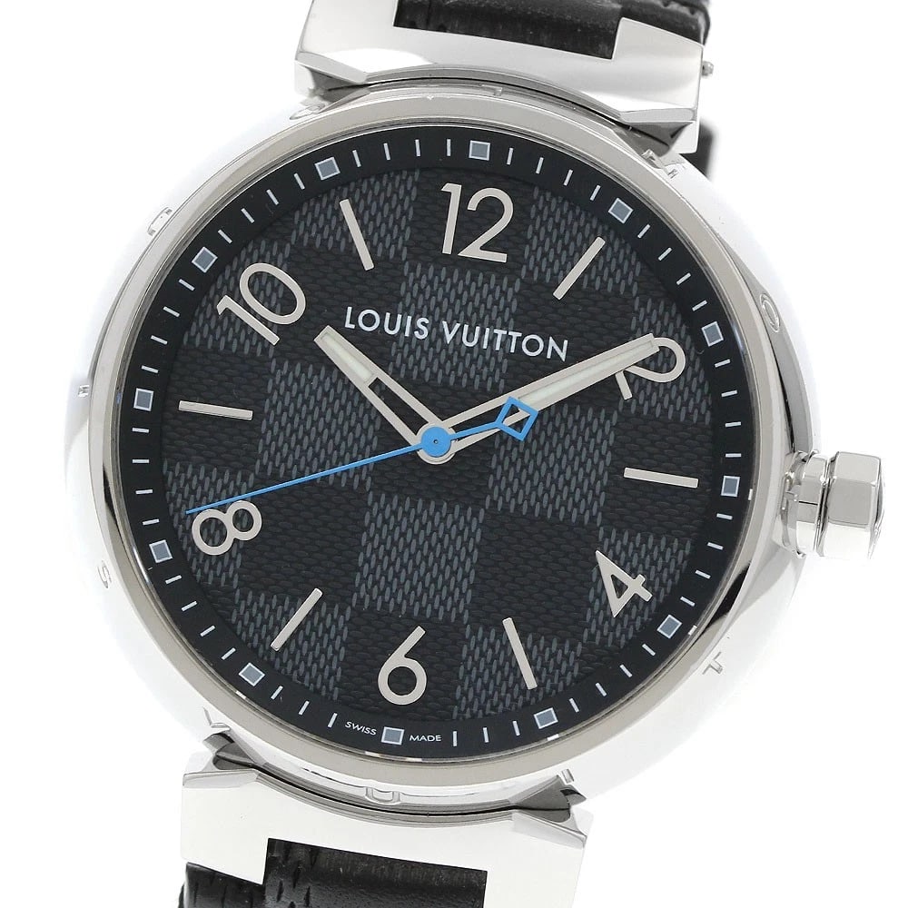 LOUIS VUITTON TAMBOUR DAMIER GRAPHITE WATCH: LOUIS VUITTON Tambour Damier Graphite Watch Brand: LOUIS VUITTON Type/Style: Wristwatch Material: Band Material leather, Case Material Stainless Steel Color: Dial Color Black Grey Size: Case Size