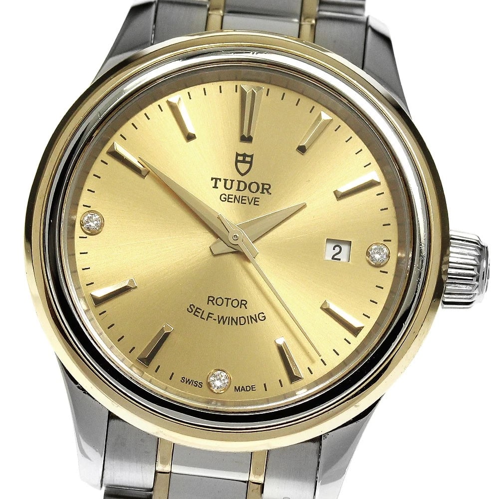 TUDOR STYLE DIAMOND GOLD DIAL AUTOMATIC WATCH: TUDOR style diamond gold Dial Automatic Watch Brand: TUDOR Type/Style: Wristwatch Material: Band Material Stainless Steel/YG, Case Material Stainless Steel Color: Dial Color gold Size: Case Size
