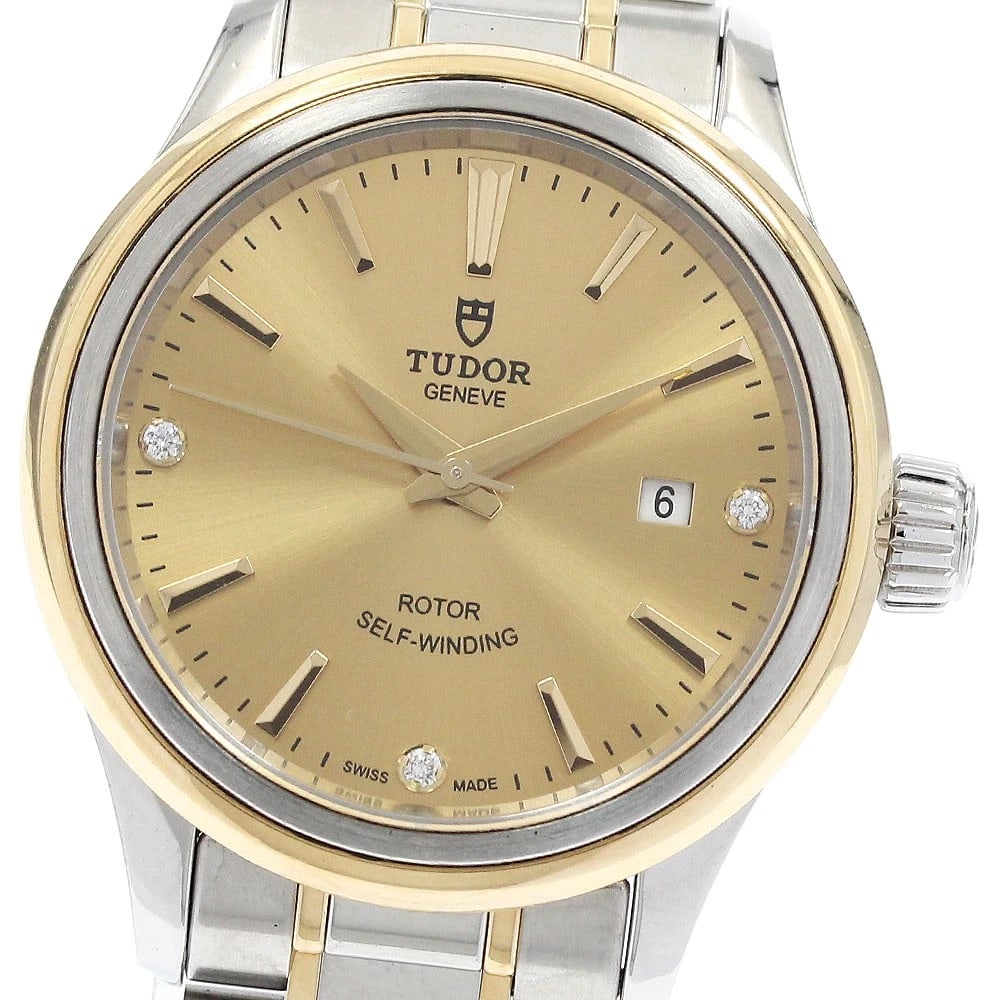 TUDOR STYLE DATE DIAMOND GOLD DIAL AUTOMATIC WATCH: TUDOR style Date diamond gold Dial Automatic Watch Brand: TUDOR Type/Style: Wristwatch Material: Band Material Stainless Steel/YG, Case Material Stainless Steel/YG Color: Dial Color gold Size: Case