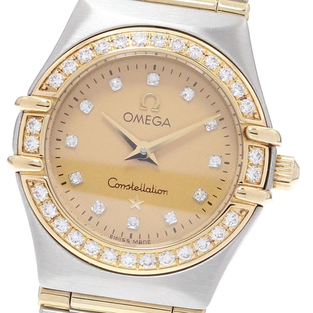 OMEGA CONSTELLATION DIAMOND BEZEL FULL BAR QUARTZ WATCH: OMEGA Constellation Diamond bezel full bar Quartz Watch Brand: OMEGA Type/Style: Wristwatch Material: Band Material Stainless Steel/YG, Case Material Stainless Steel/YG Color: Dial Color gold Size: Ca