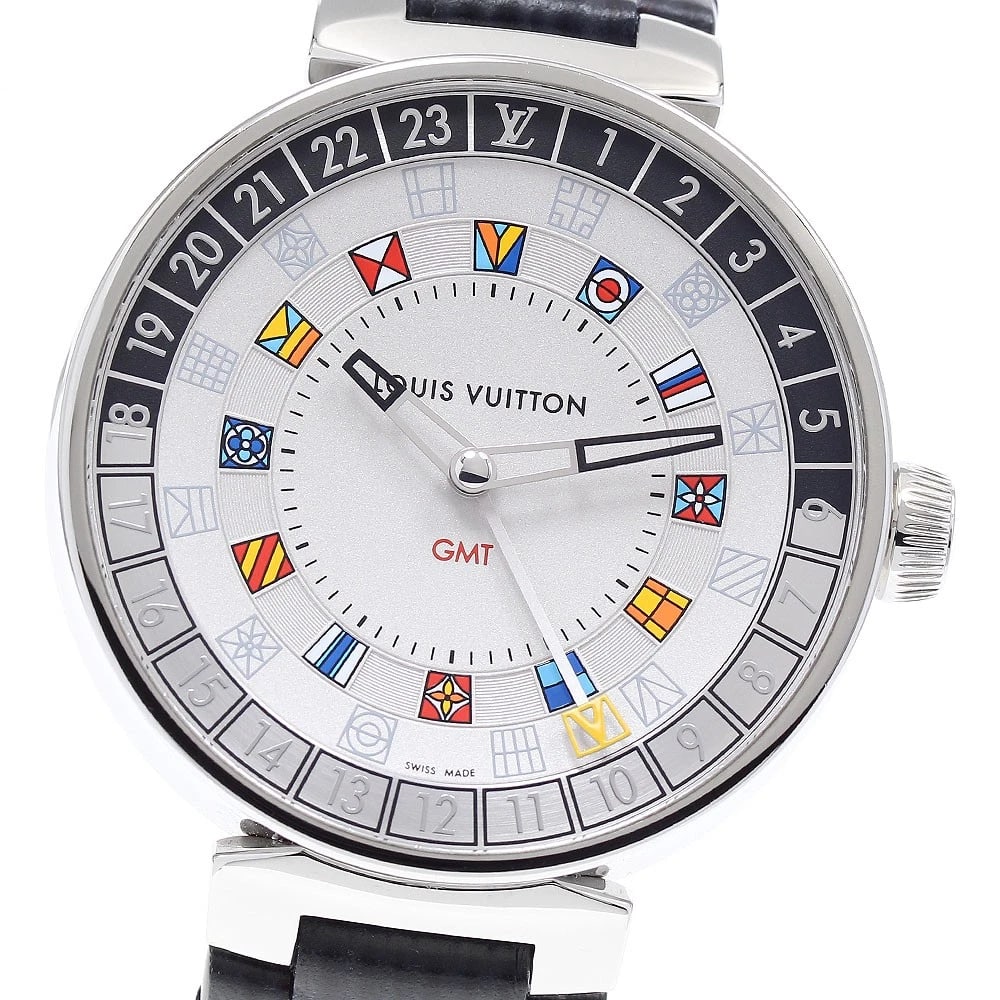 LOUIS VUITTON TAMBOUR DUAL TIME GMT SILVER DIAL WATCH: LOUIS VUITTON Tambour Dual time GMT Silver Dial Watch Brand: LOUIS VUITTON Type/Style: Wristwatch Material: Band Material leather, Case Material Stainless Steel Color: Dial Color Silver Size: Case Siz