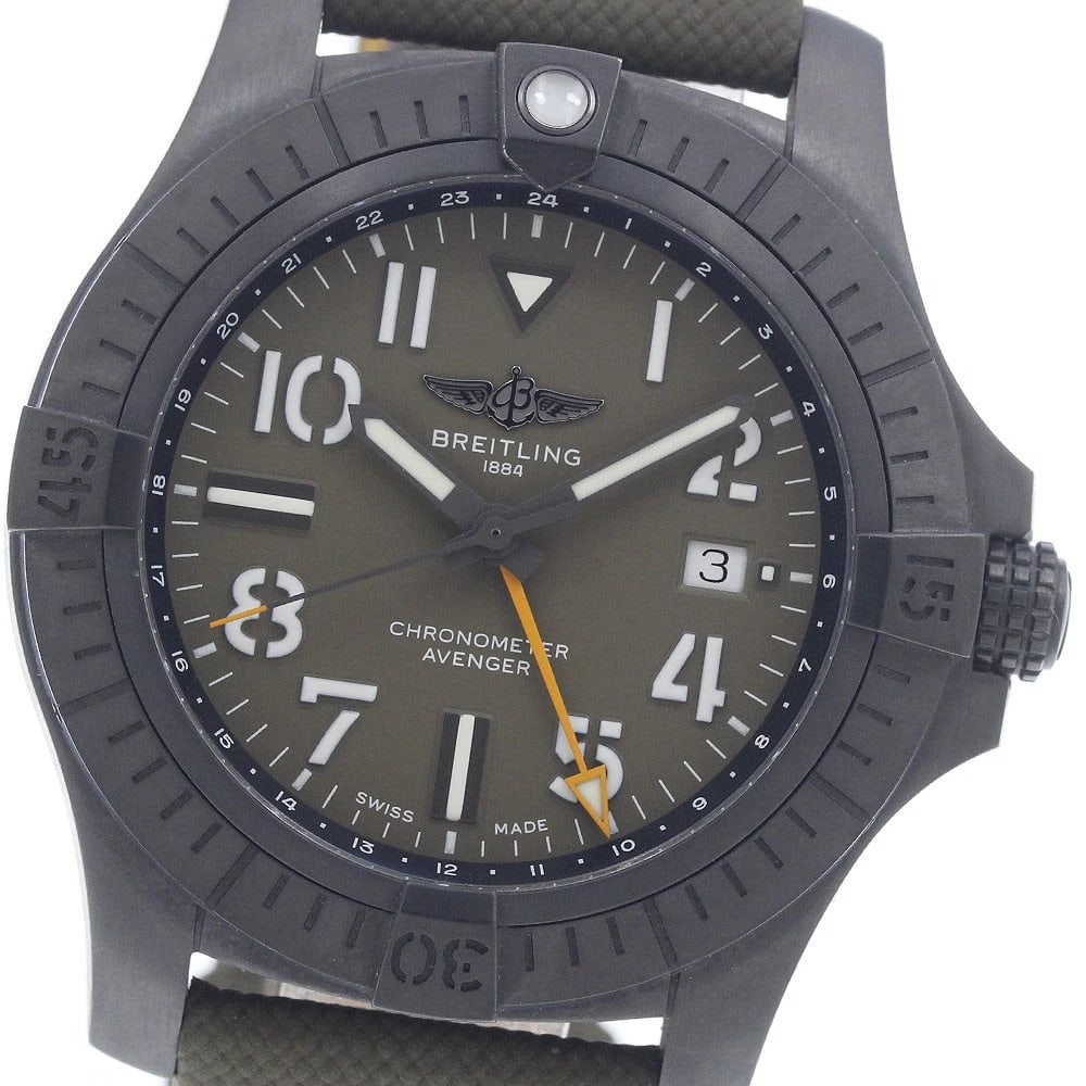BREITLING AVENGER GMT NIGHT MISSION LIMITED AUTOMATIC WATCH: BREITLING Avenger GMT Night Mission Limited Automatic Watch Brand: BREITLING Type/Style: Wristwatch Material: Band Material Leather / nylon, Case Material titanium Color: Dial Color khaki Size: Case