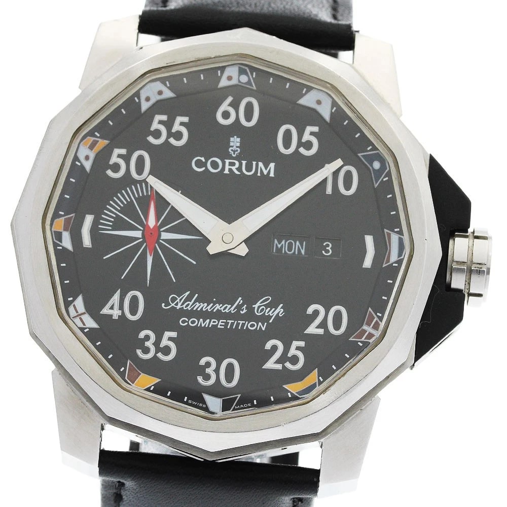 CORUM ADMIRAL'S CUP COMPETITION DATE AUTOMATIC WATCH: CORUM Admiral's Cup Competition date Automatic Watch Brand: CORUM Type/Style: Wristwatch Material: Band Material leather, Case Material Stainless Steel Color: Dial Color black Size: Case Size About46m