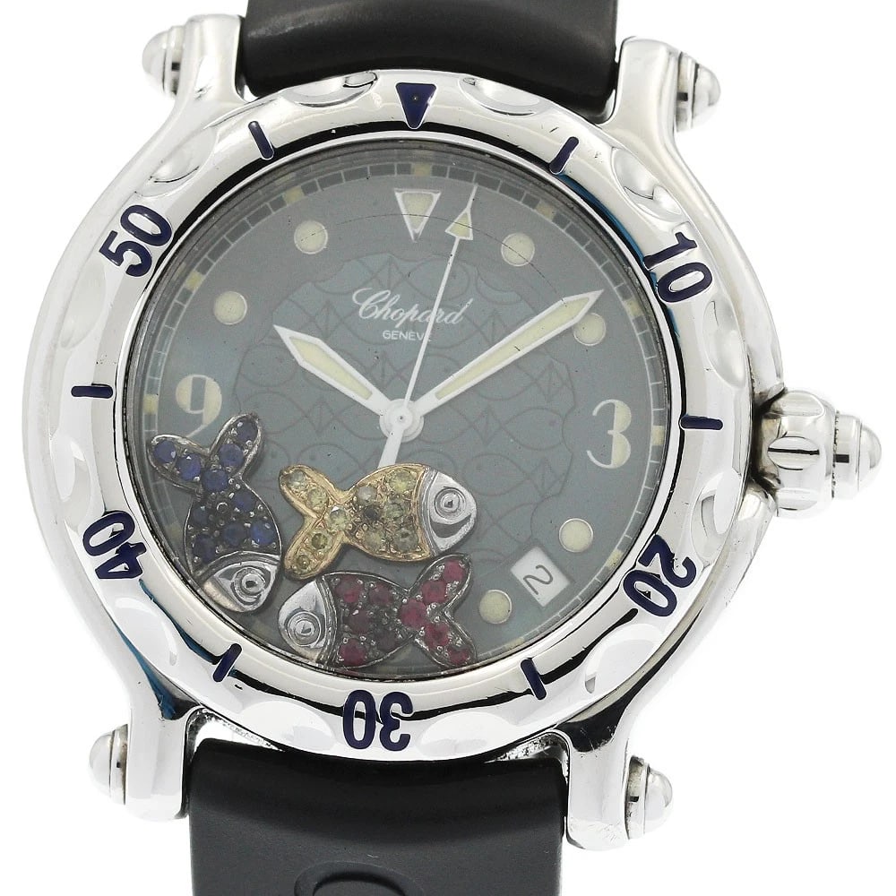 CHOPARD HAPPY HAPPY FISH DATE NAVY DIAL QUARTZ WATCH: Chopard Happy happy fish Date Navy Dial Quartz Watch Brand: Chopard Type/Style: Wristwatch Material: Band Material rubber, Case Material Stainless Steel Color: Dial Color Navy Size: Case Size