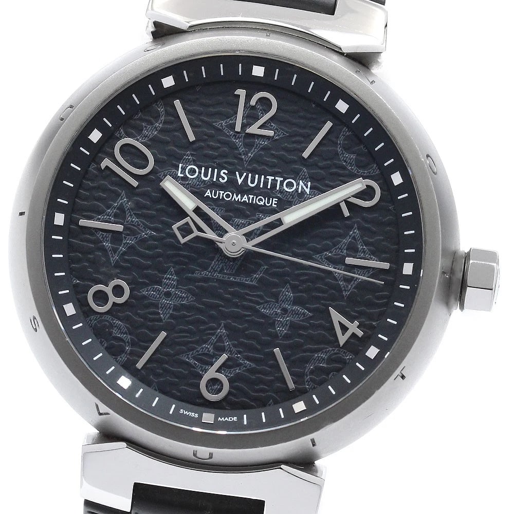 LOUIS VUITTON TAMBOUR OTOMATIC GM MONOGRAM ECLIPSE WATCH: LOUIS VUITTON Tambour Otomatic GM Monogram Eclipse Watch Brand: LOUIS VUITTON Type/Style: Wristwatch Material: Band Material rubber, Case Material Stainless Steel Color: Dial Color gray Size: Case Siz