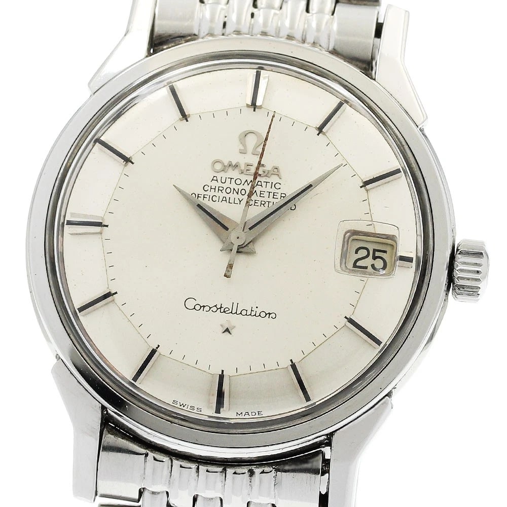 OMEGA CONSTELLATION DATE PIE PAN DIAL RICE WATCH: OMEGA Constellation Date Pie Pan Dial Rice Watch Brand: OMEGA Type/Style: Wristwatch Material: Band Material Stainless Steel, Case Material Stainless Steel Color: Dial Color Silver Size: Case Size Abo