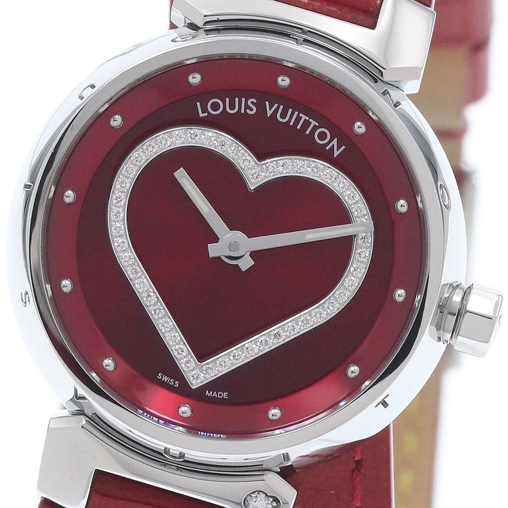 LOUIS VUITTON TAMBOUR HEART DIAMOND RED DIAL WATCH: LOUIS VUITTON Tambour Heart diamond Red Dial Watch Brand: LOUIS VUITTON Type/Style: Wristwatch Material: Band Material leather, Case Material Stainless Steel Color: Dial Color Red Size: Case Size Abou