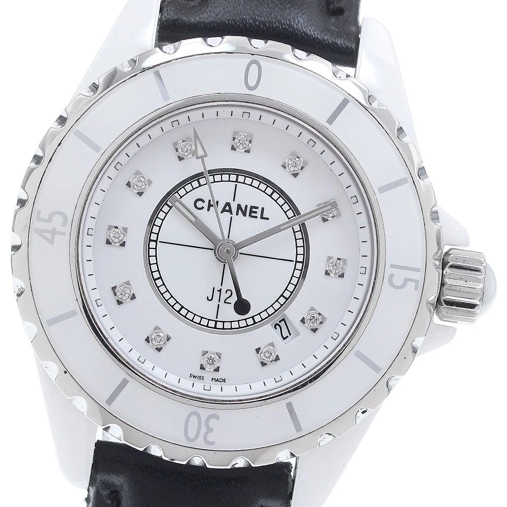 CHANEL J12 WHITE CERAMIC DIAMOND WHITE DIAL QUARTZ WATCH: CHANEL J12 White ceramic diamond white Dial Quartz Watch Brand: CHANEL Type/Style: Wristwatch Material: Band Material leather, Case Material Ceramic / Stainless Steel Color: Dial Color white Size: Cas