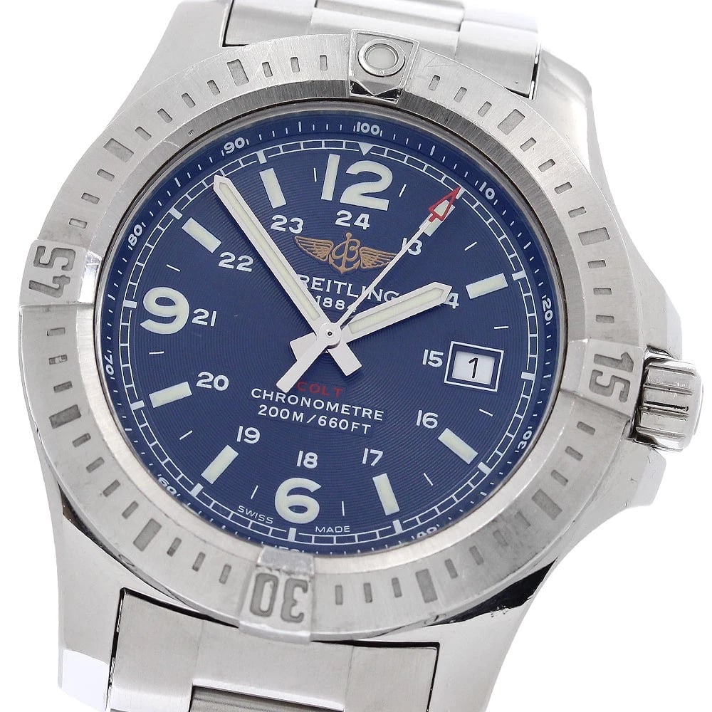 BREITLING COLT DATE NAVY DIAL QUARTZ WATCH: BREITLING Colt Date Navy Dial Quartz Watch Brand: BREITLING Type/Style: Wristwatch Material: Band Material Stainless Steel, Case Material Stainless Steel Color: Dial Color Navy Size: Case Size About44