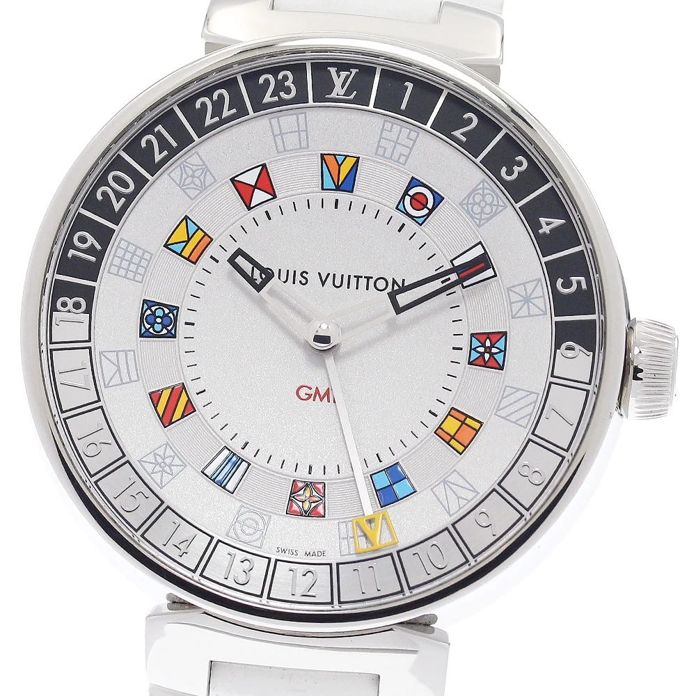 LOUIS VUITTON TAMBOUR TIME GMT SILVER DIAL QUARTZ WATCH: LOUIS VUITTON Tambour time GMT Silver Dial Quartz Watch Brand: LOUIS VUITTON Type/Style: Wristwatch Material: Band Material rubber, Case Material Stainless Steel Color: Dial Color Silver Size: Case Si
