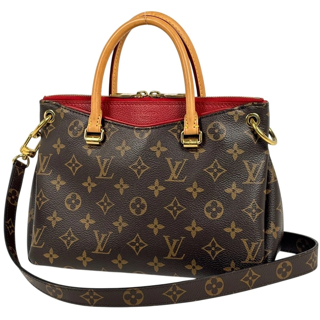 LOUIS VUITTON PALAS BB HAND BAG: Louis Vuitton Palas BB Hand Bag Brand: Louis Vuitton Type/Style: Hand Bag Material: Monogram Color: Brown Threes (Red) Size: Width 26cm(10.2inch) Height 18.5cm(7.3inch) Depth 8cm(3.1inch)