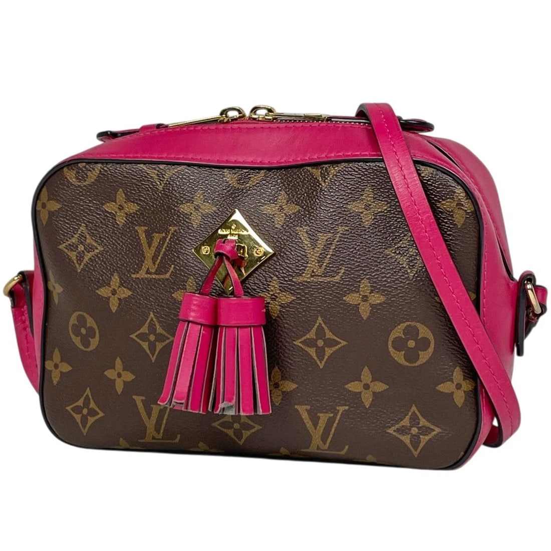 LOUIS VUITTON SAINTONGE FRINGE POCHETTE SHOULDER BAG: Louis Vuitton Saintonge fringe pochette Shoulder Bag Brand: Louis Vuitton Type/Style: Shoulder Bag Material: Monogram Color: Brown Freesia (Pink) Size: Width 21.5cm(8.5inch) Height 14.5cm(5.7inch)