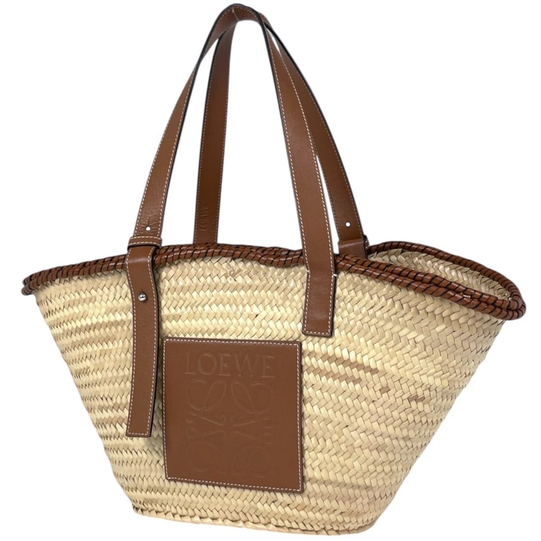 LOEWE BASKET BAG TOTE BAG: Loewe Basket bag Tote Bag Brand: LOEWE Type/Style: Tote Bag Material: Raffia ?leather Color: Natural Brown Size: Width 23.5cm(9.3inch) Height 24cm(9.4inch) Depth 13.5cm(5.3inch) Accessories: None