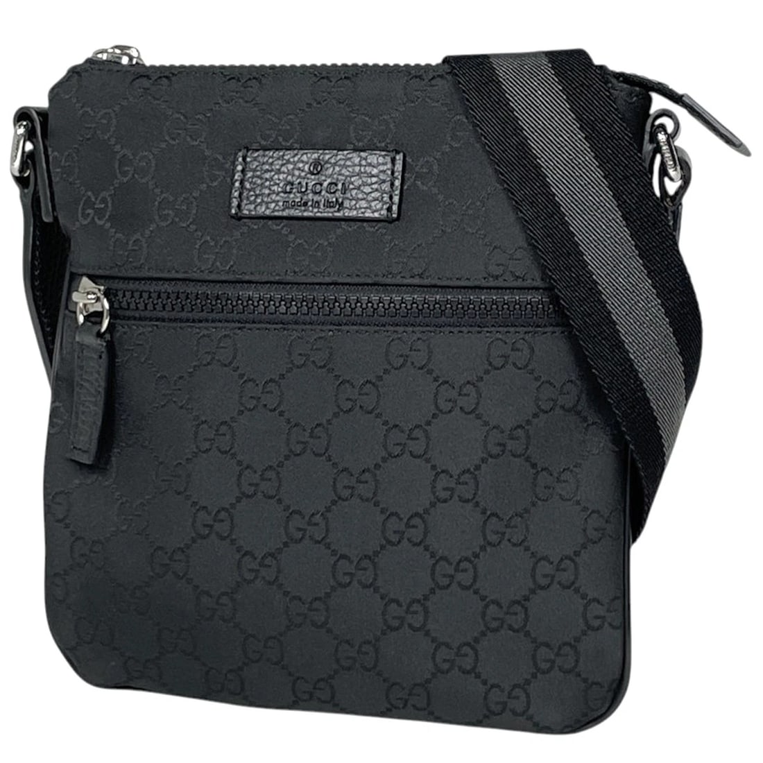GUCCI SHOULDER BAG GG PATTERN: Gucci Shoulder Bag GG pattern Brand: GUCCI Type/Style: Shoulder Bag Material: Nylon ?leather Color: Black Size: Width 19cm(7.5inch) Height 21cm(8.3inch) Depth 1cm(0.4inch) Accessories: None