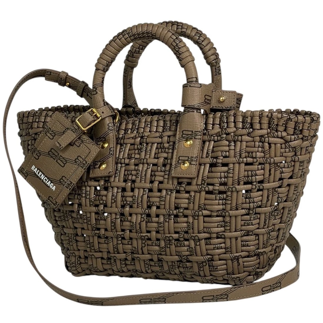 BALENCIAGA BISTRO BASKET XS HAND BAG: Balenciaga Bistro basket XS Hand Bag Brand: BALENCIAGA Type/Style: Hand Bag Material: fabric Color: Brown Size: Width 22cm(8.7inch) Height 19cm(7.5inch) Depth 12cm(4.7inch) Accessories: None