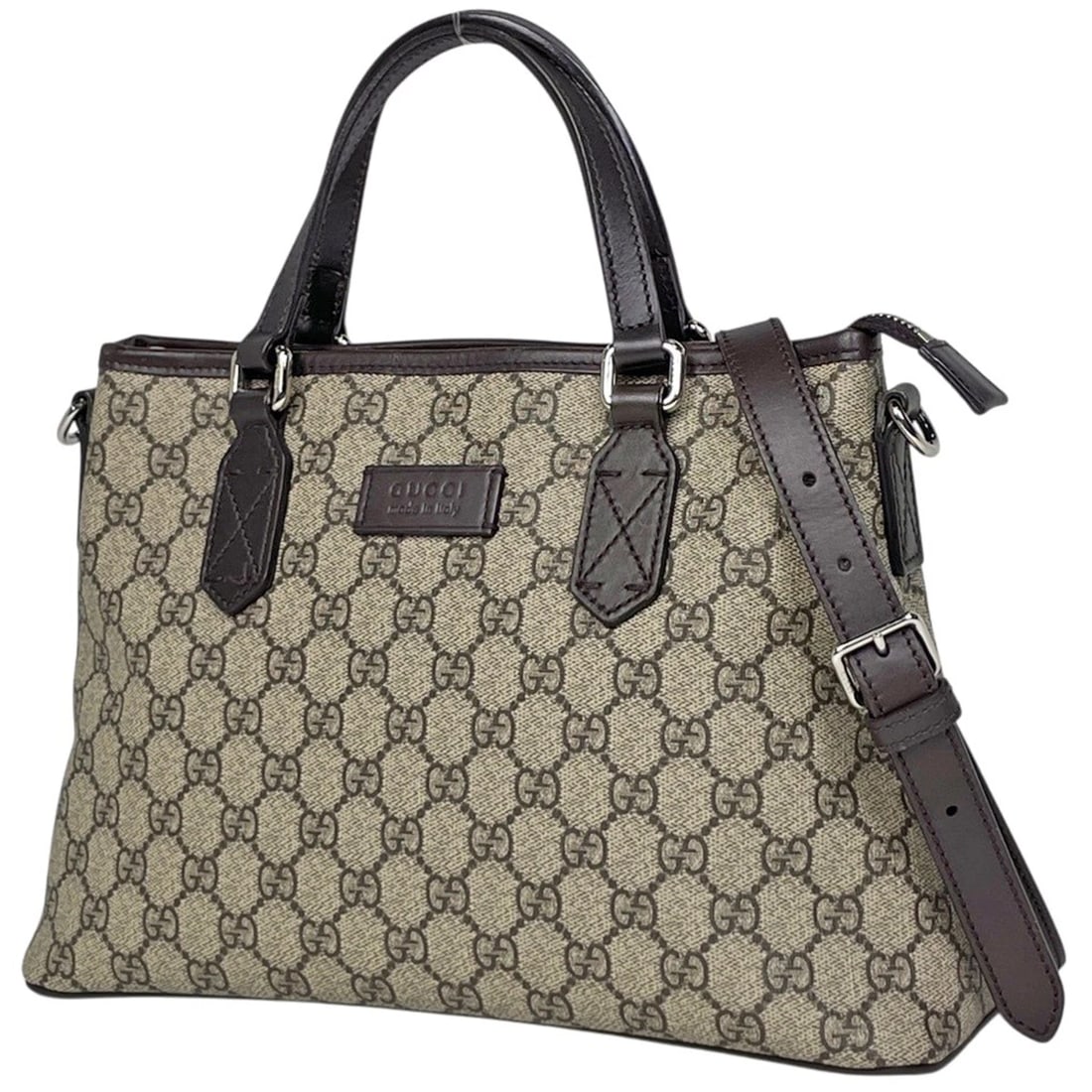 GUCCI GG PATTERN HAND BAG: GUCCI GG pattern Hand Bag Brand: GUCCI Type/Style: Hand Bag Material: Coated canvas ?leather Color: Brown Size: Width 31cm(12.2inch) Height 21cm(8.3inch) Depth 11cm(4.3inch) Accessories: None