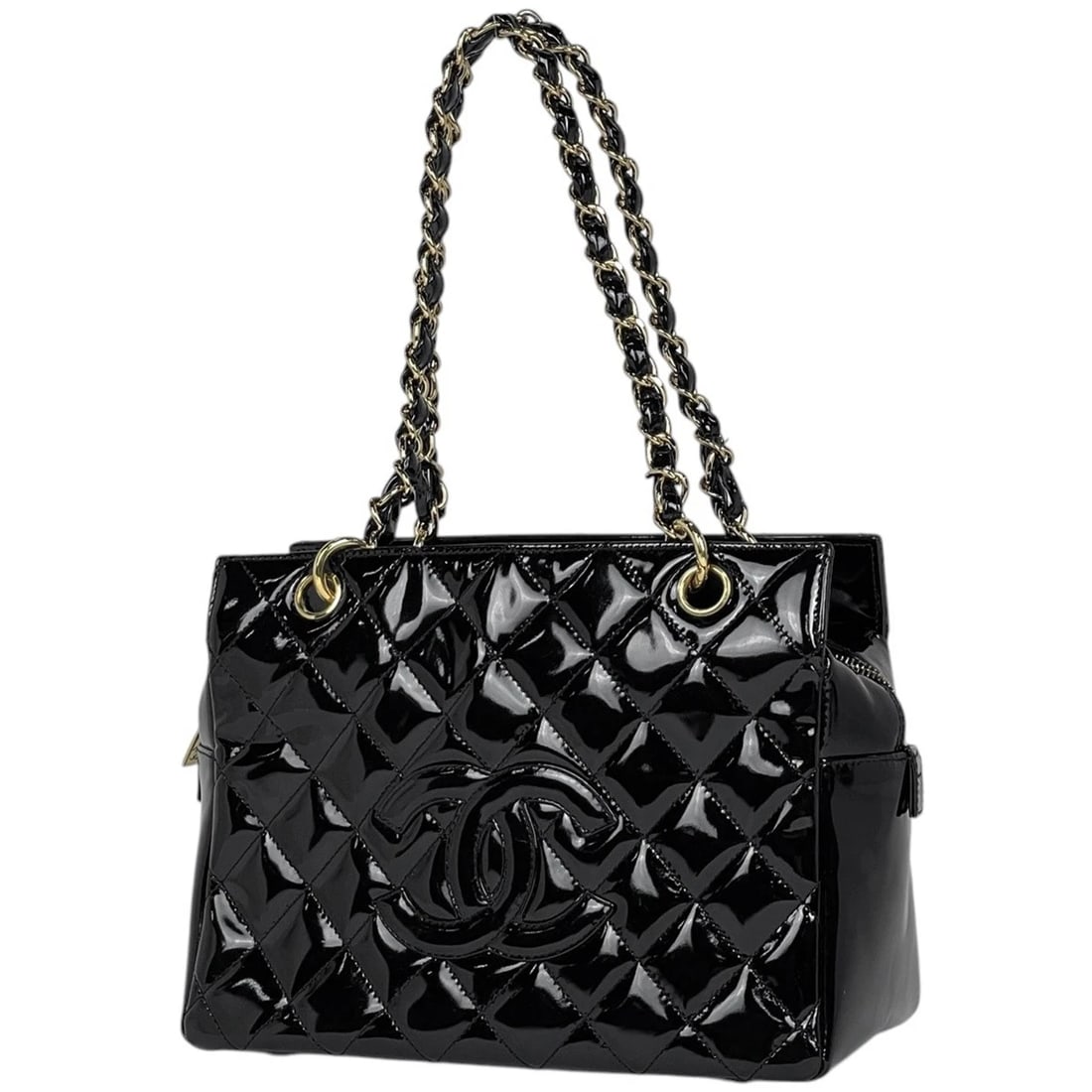 CHANEL TOTE BAG ENAMEL PATENT: Chanel Tote Bag enamel Patent Brand: CHANEL Type/Style: Tote Bag Material: Patent leather Color: Black Size: Width 25cm(9.8inch) Height 19cm(7.5inch) Depth 13cm(5.1inch) Accessories: None