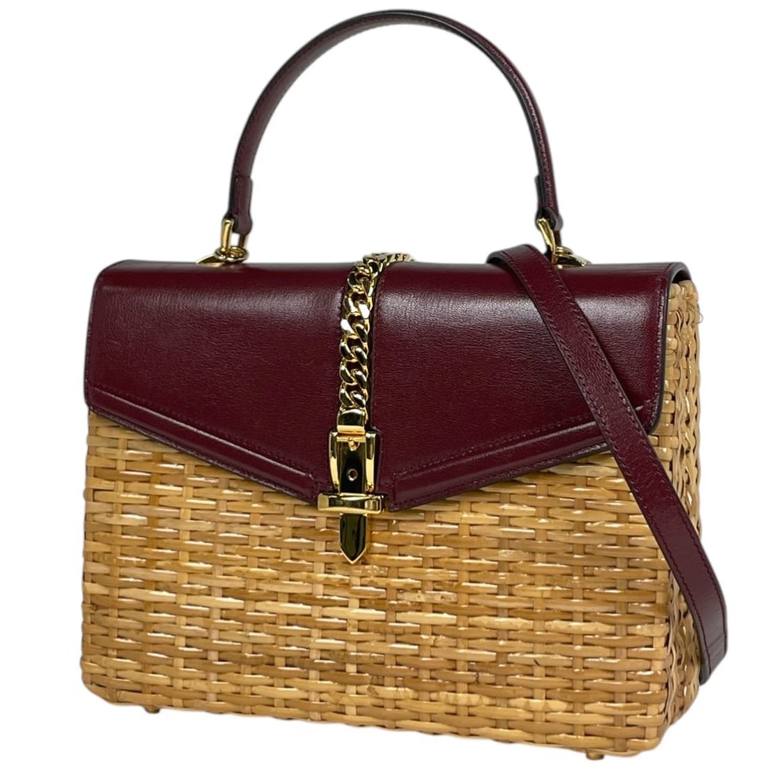 GUCCI BASKET HAND BAG 2-WAY SHOULDER BAG: GUCCI Basket Hand Bag 2-Way Shoulder Bag Brand: GUCCI Type/Style: Hand Bag Material: Rattan ?leather Color: Beige Bordeaux Size: Width 26cm(10.2inch) Height 19cm(7.5inch) Depth 8cm(3.1inch)