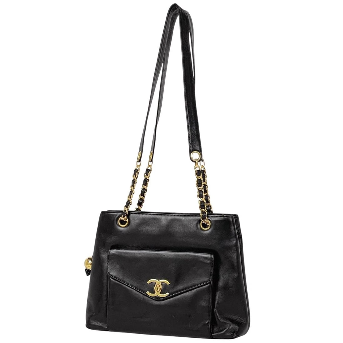 CHANEL (INTERLOCKING) CC LOGO CHAIN TOTE BAG: CHANEL (Interlocking) CC logo Chain Tote Bag Brand: CHANEL Type/Style: Tote Bag Material: leather Color: Black Size: Width 30cm(11.8inch) Height 23cm(9.1inch) Depth 9cm(3.5inch) Accessories: None