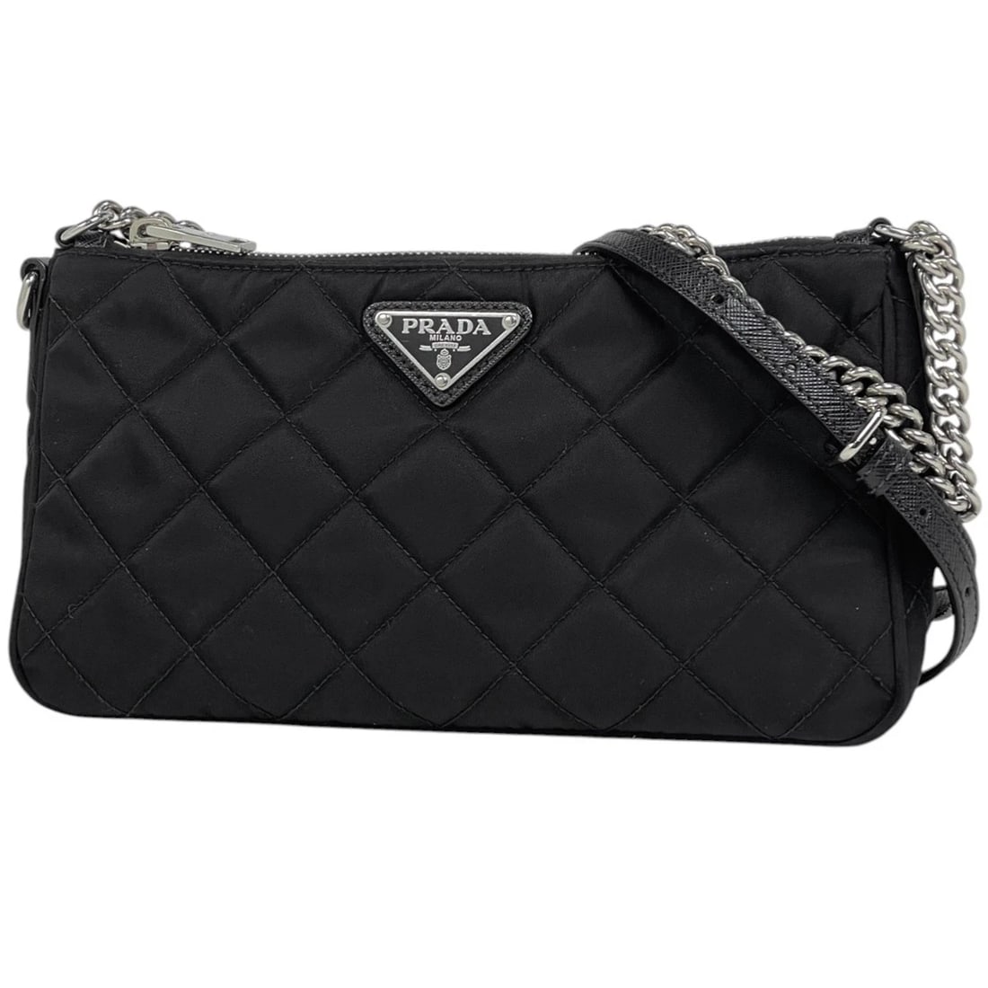 PRADA WITH LOGO CHAIN HAND BAG: PRADA with logo Chain Hand Bag Brand: PRADA Type/Style: Hand Bag Material: Nylon Color: Nero (Black) Size: Width 23.5cm(9.3inch) Height 13cm(5.1inch) Depth 6.5cm(2.6inch) Accessories: None