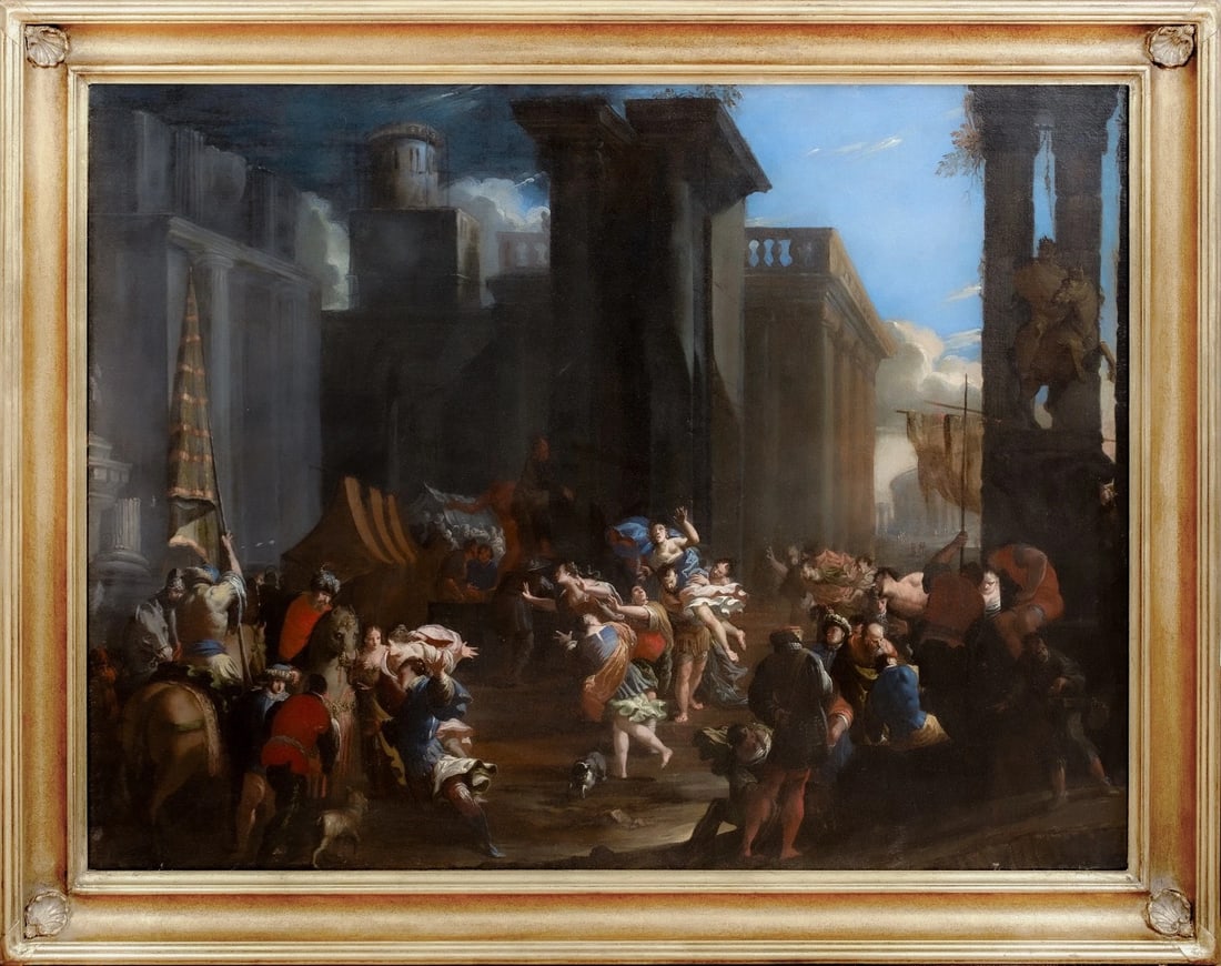 THE ABDUCTION OF HELEN OF TROY OIL PAINTING: Year: 17th century Size: 56'' x 44'' Medium: Oil Description: Huge oil painting from the 17th century that depicts Helen of Troy's kidnapping. The tableau depicting Helen of Troy's abduction and the b