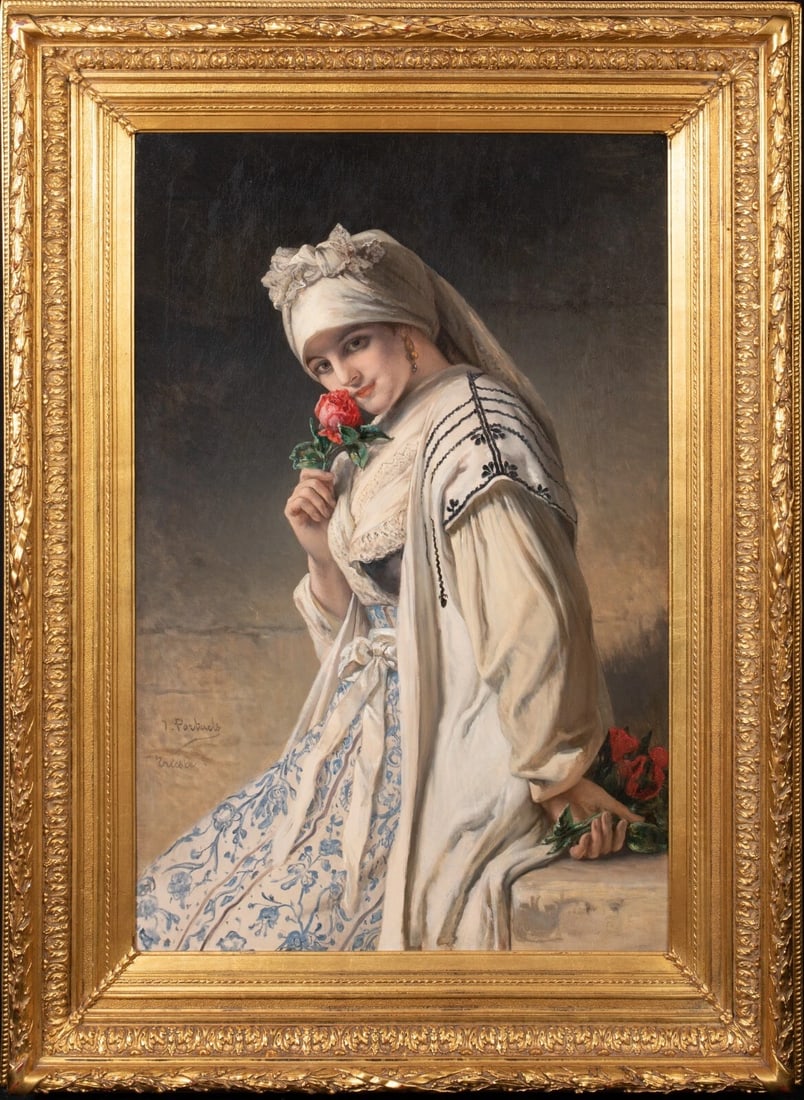 PORTRAIT OF LADY HOLDING A ROSE OIL PAINTING: Year: 19th century Size: 52" x 39" Medium: Oil Description: Jean Francois Portaels painted a large oil picture of a woman clutching a rose in the 19th century. The Portaels piece is a large-scale exam