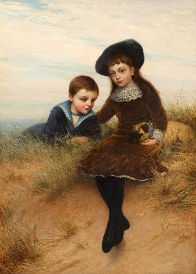 PORTRAIT OF LAURA AND STEPHEN ASTLEY KENNARD OIL PAINTING: Year: 19th century Size: 55" x 45" Medium: Oil Description: Joseph Farquharson painted a large oil picture of Laura and Stephen Astley Kennard in Scotland during the 19th century. Outstanding specimen
