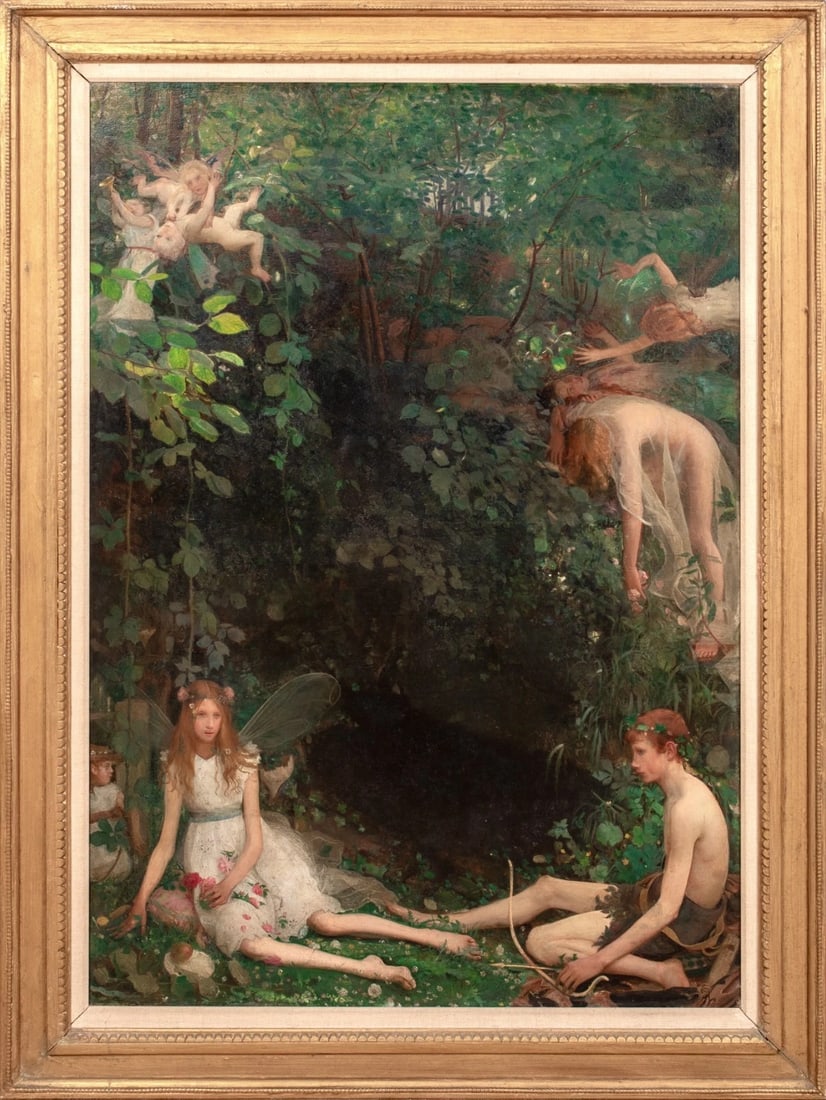 THE ENCHANTED CAVE OIL PAINTING: Year: 19th century Size: 52'' x 37'' Medium: Oil Description: Mark Lancelot Symons painted a large, pre-Raphaelite image of an enchanted cave on canvas around 1915. This large-scale image of a young a