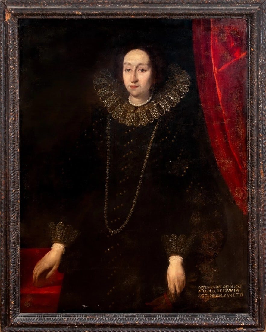 PORTRAIT OF CATERINA DE GIUNTA OIL PAINTING: Year: 17th century Size: 56'' x 44'' Medium: Oil Description: Caterina De Giunta, the wife of Senator Giunta, is depicted in this large 17th-century Italian Venetian oil painting by Justis Sustermans.