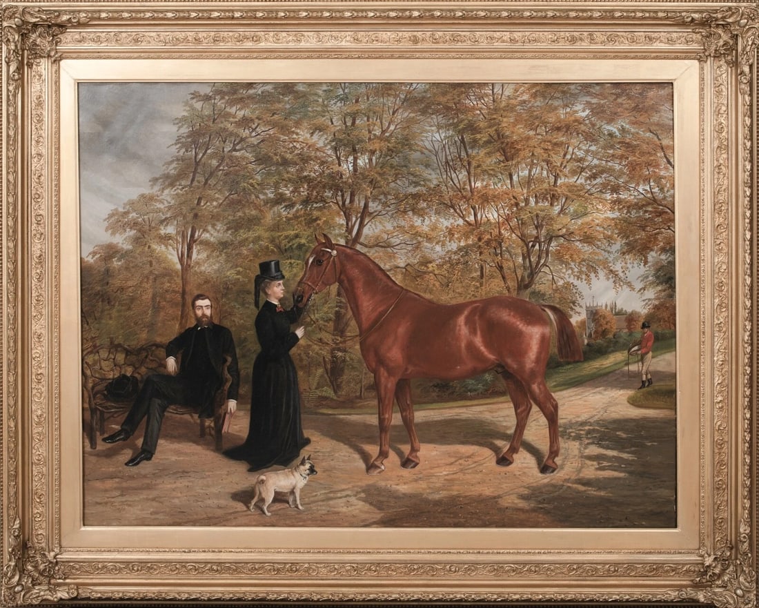 PORTRAIT OF ADAM & AMY DUGDALE OIL PAINTING: Year: 19th century Size: 55.5" x 44.5" Medium: Oil Description: Benjamin Cam Norton's oil painting from the 19th century depicts Adam and Amy Dugdale with their horse and a groom approaching with her 