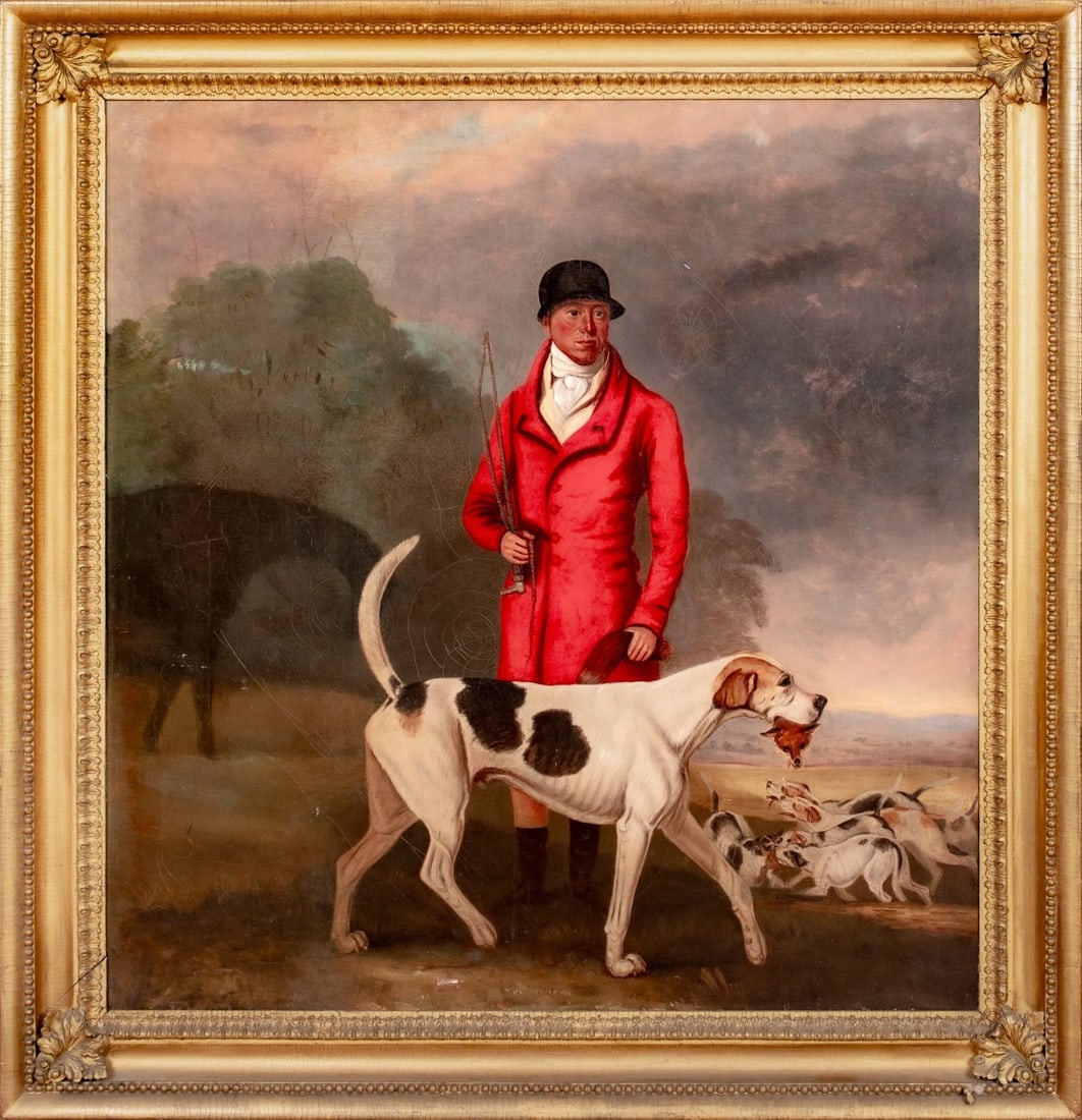 PORTRAIT OF LORD ALTHORP'S HUNTSMAN OIL PAINTING: Year: 19th century Size: 43" x 41" Medium: Oil Description: Painting of BENJAMIN MARSHALL (BRITISH 1767-1835), a large oil painting from the early 19th century that depicts Charles King, Lord Althorp'