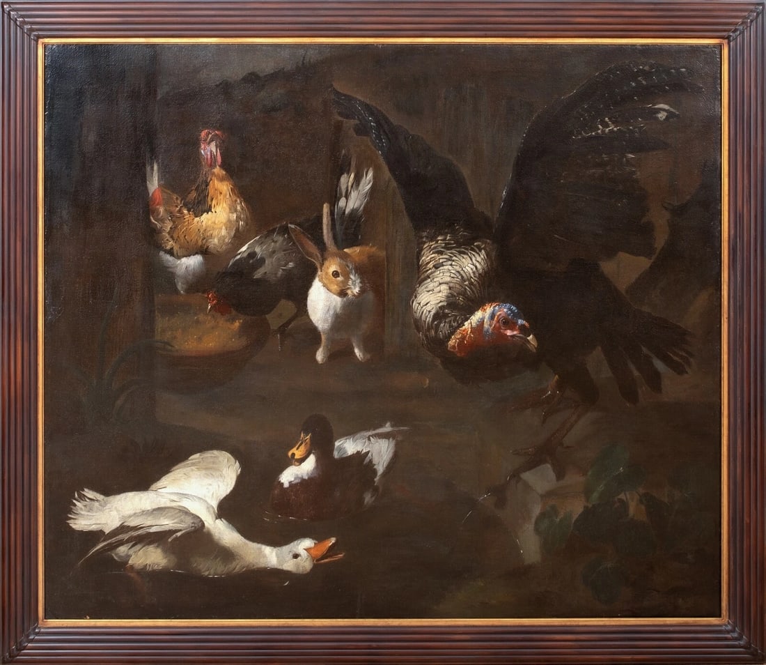 STILL LIFE OF VARIOUS FARM BIRDS OIL PAINTING ATTRIBUTED TO MELCHIOR DE HONDECOETER: Year: 17th century Size: 54" x 46" Medium: Oil Description: Melchior De Hondecoeter is credited with creating this enormous oil on canvas still life of a variety of farm birds from the 17th century. E