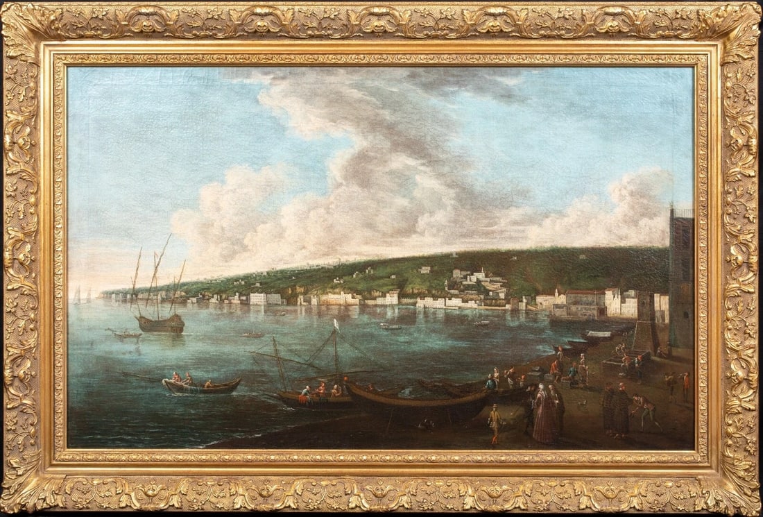 VIEW OF?POSILLIPO FROM THE RIVIERA DI CHIAIA OIL PAINTING CIRCLE OF ANGELO MARIA COSTA: Year: 17th century Size: 57" x 39" Medium: Oil Description: An enormous oil painting of Angelo Maria Costa depicting Posillipo from the Riviera Di Chiaia, from the Italian Neapolitan School of the 17t
