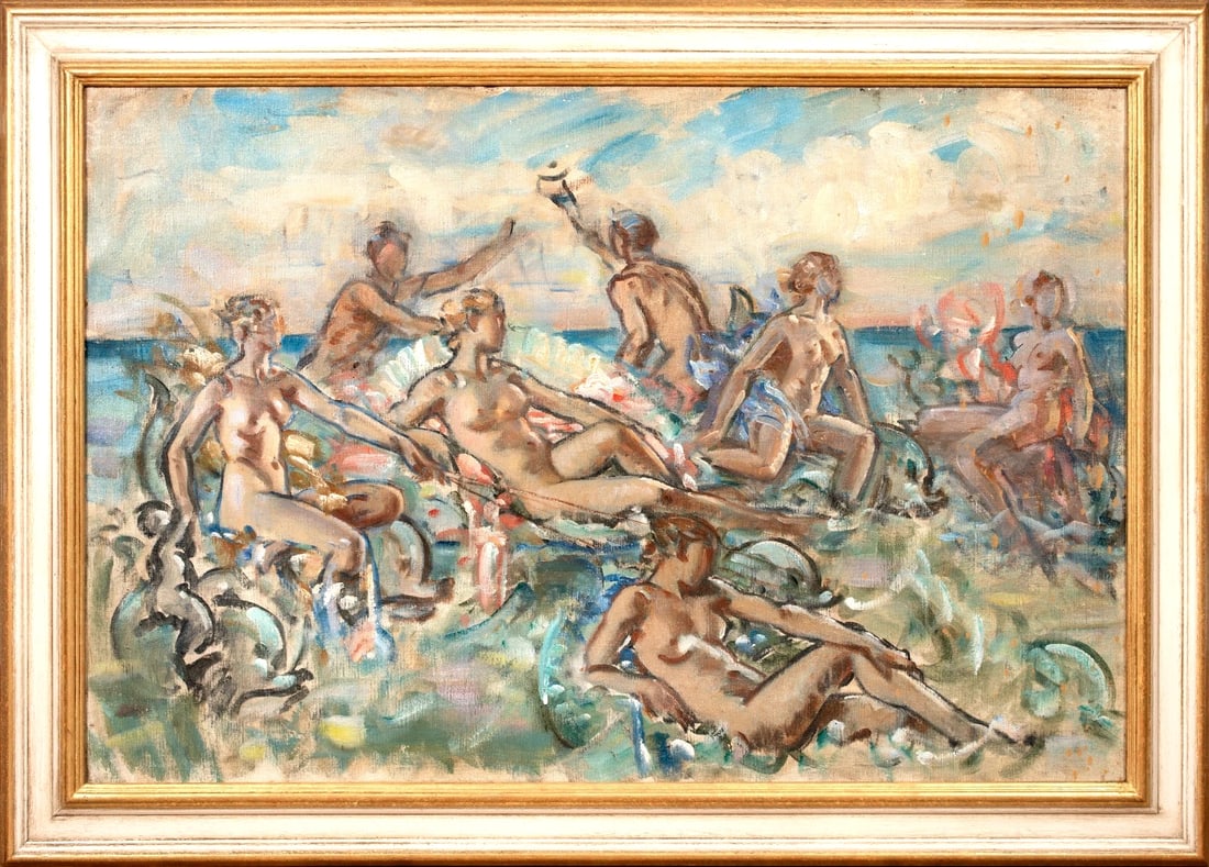 THE BIRTH OF VENUS OIL PAINTING: Year: 20th century Size: 42'' x 30'' Medium: Oil Description: Wilfrid De Glehn painted a large, classical tableau of The Birth of Venus in 1920 using oil on canvas. A big, well-preserved specimen of t