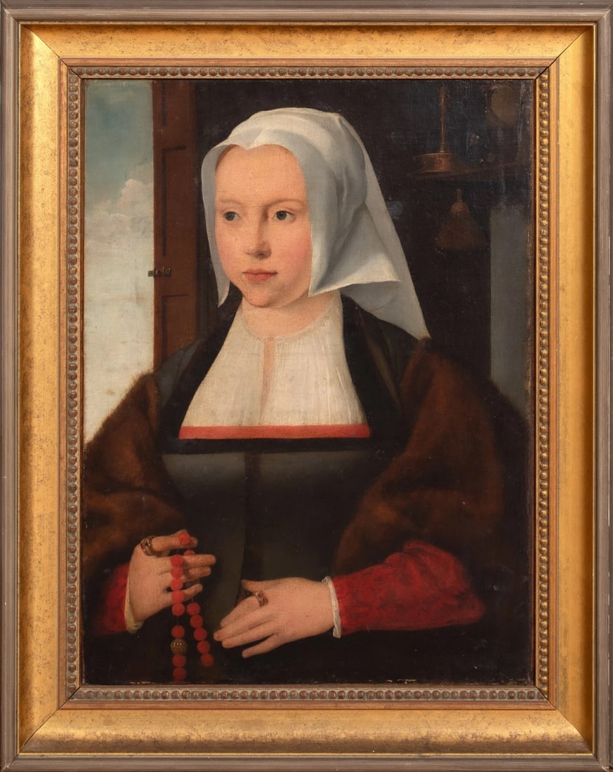 PORTRAIT OF A LADY HOLDING A ROSARY OIL PAINTING: Year: 17th century Size: 30'' x 24'' Medium: Oil Description: A large oil painting on canvas from the 17th century depicts a woman holding a rosary. This early Netherlandish half-length portrait of a 